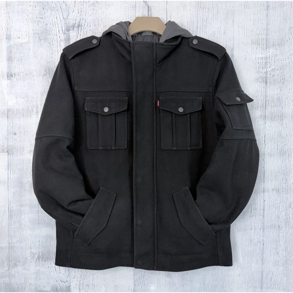 Levis Jacket Mens M Black Wool Blend Hooded Lined Quilted Pea Coat